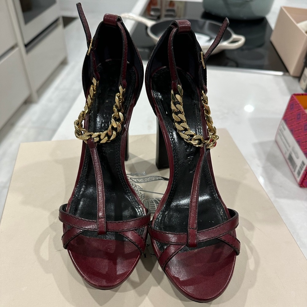Burberry Blood Red Bridle Chain Gadsbury 115 Platform Sandal Heels